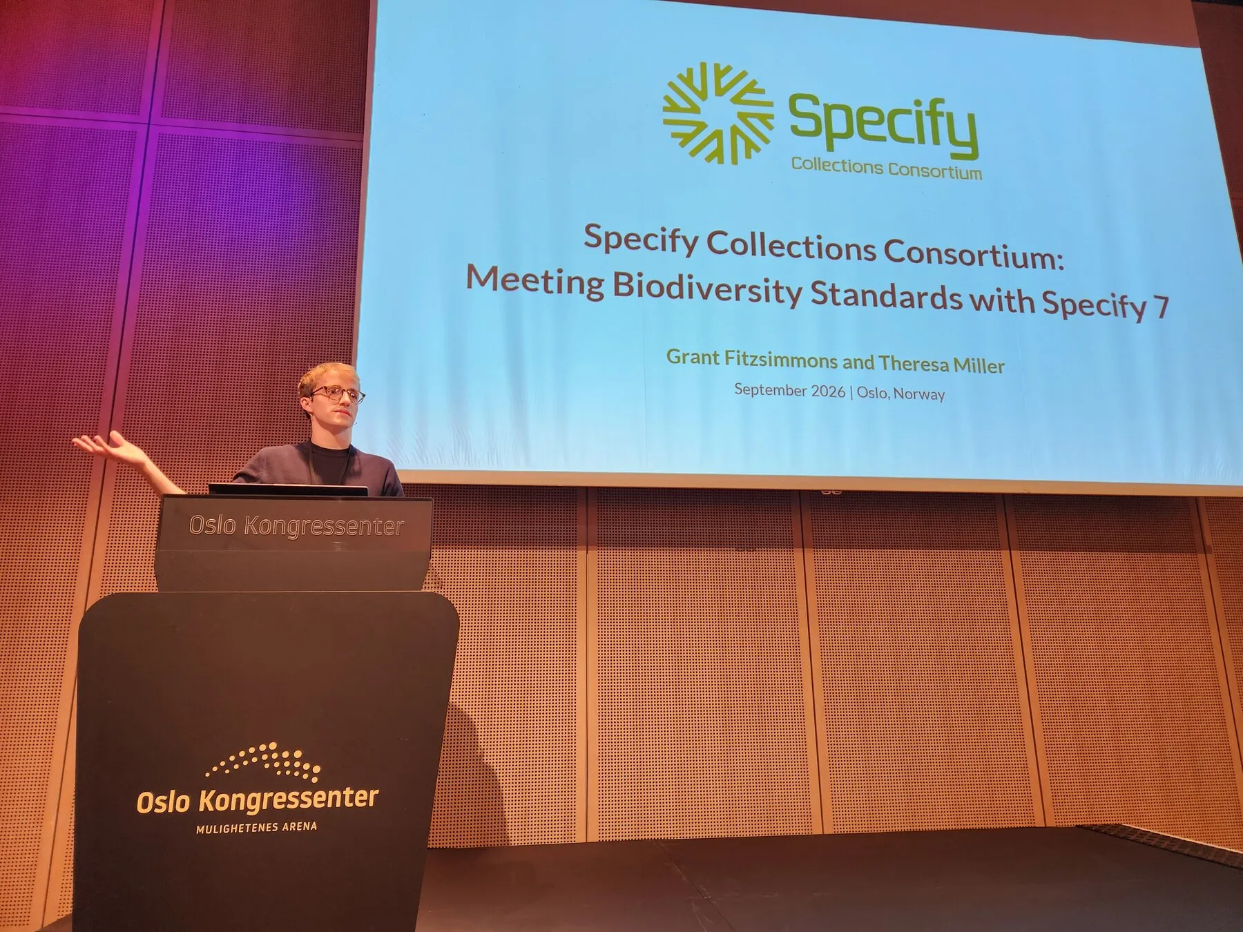 Grant presenting Meeting Biodiversity Standards with Specify 7 at the Oslo Congress Centre
