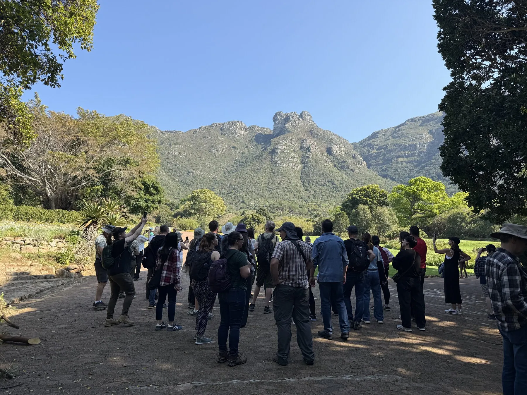 SPNHC participants gathered along a path at Kirstenbosch, with mountains in the background