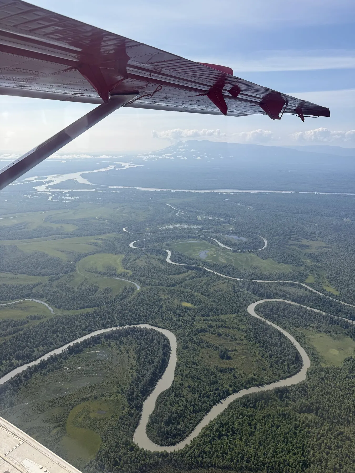 A winding river through a green landscape, viewed from the plane