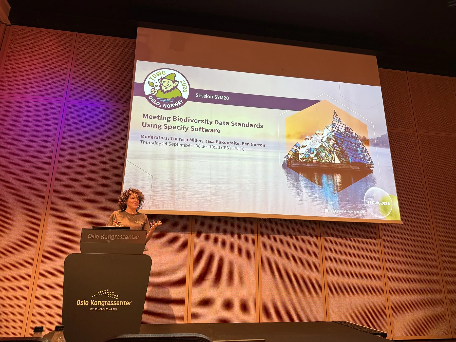 A speaker presenting on biodiversity biobanking during the Specify symposium