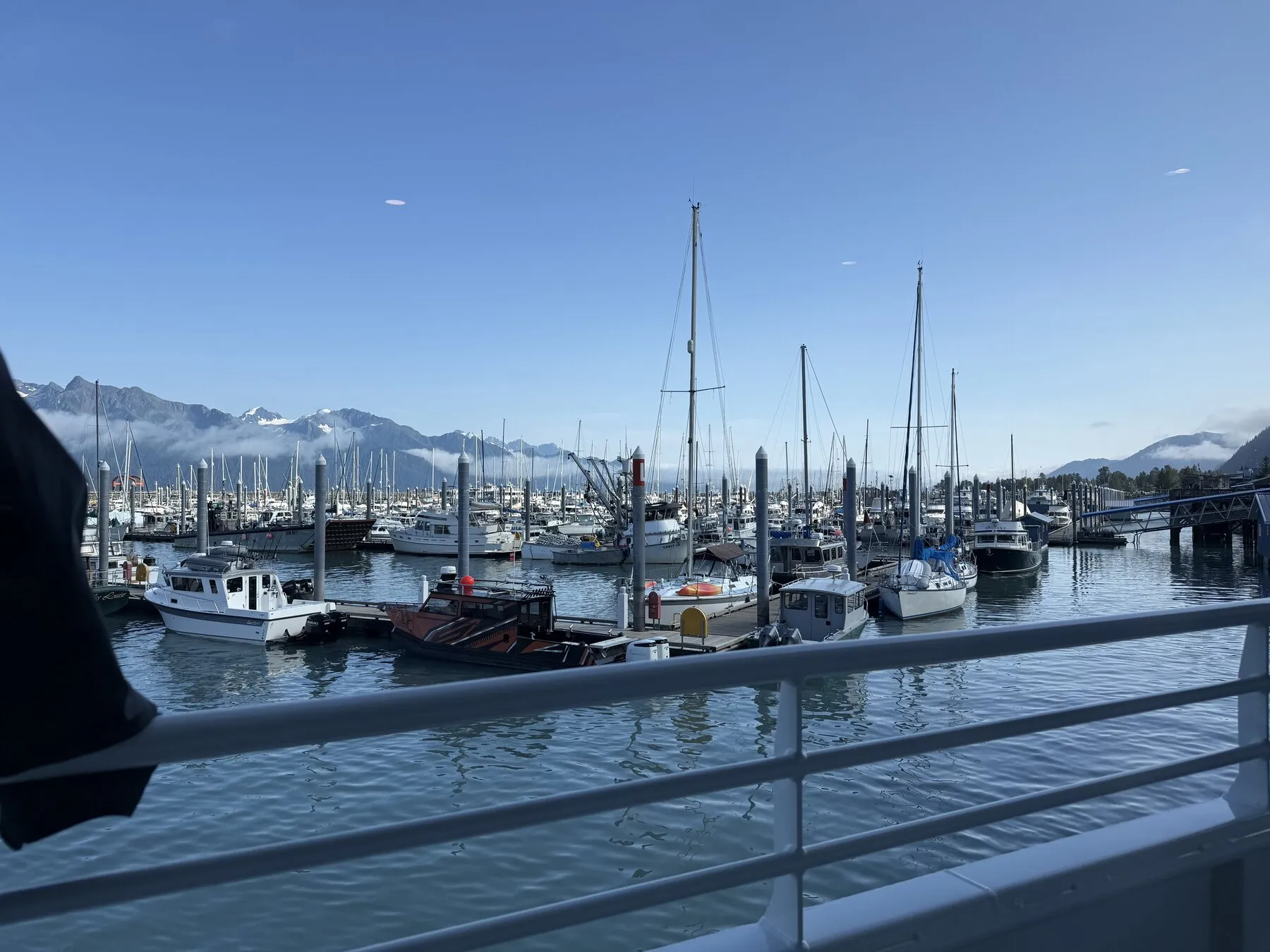 Boats moored in Seward's harbor with mountains rising behind them